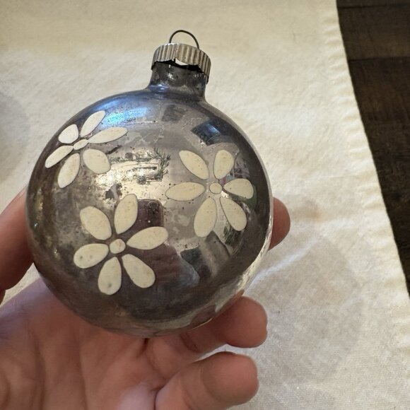 Vintage Silver Mercury Glass Hand Painted Glass Christmas Tree Ball Ornament - Picture 5 of 8